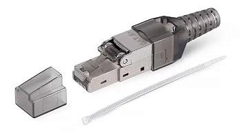 Коннектор с фиксатором кабеля и колпачком RJ-45(8P8C) под витую пару Cabeus 8P8C-SH-C6+ -TWP, категория до 6a (50 µ"/ 50 микродюймов), экранированный